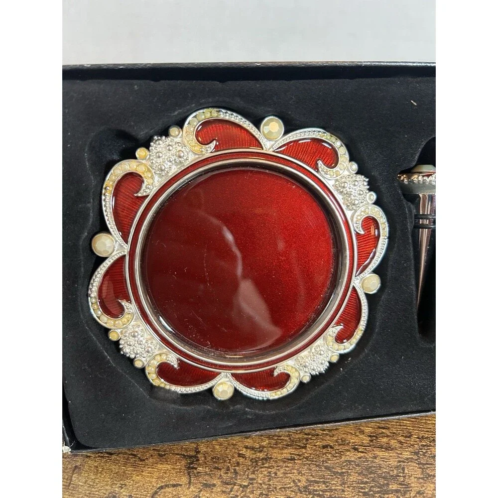 Bombay Scarlett Wine Coaster & Bottle Stopper Set Red Enamel Silver Tone Gift